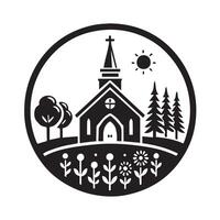 A stylized, black and white graphic of a church building enclosed within a circle. vector