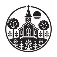 This elegant black and white vctor graphic showcases a stylized Christian cross within a circular frame adorned with ornate floral and leaf patterns. vector