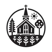 A stylized, black and white silhouette of a church building, centrally located within a circular emblem. vector