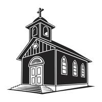 A stylized, black and white illustration of a church nestled on a hill, with a tall cross standing behind it. vector