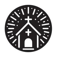 A stylized, black and white illustration of a small church on a gently sloping piece of land. vector