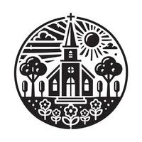 A classic, simple silhouette of a church building, enclosed within a circle. vector