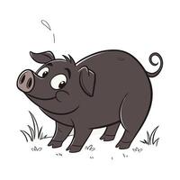 A cheerful, cartoon pig, depicted in shades of gray, stands in a simple grassy field. vector