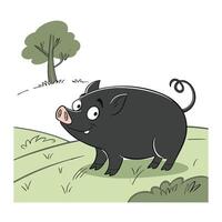 A charming illustration of a black pig standing amidst a field of grass. vector