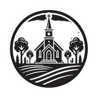 A stylized, black and white silhouette of a church building, encircled by a circle. vector