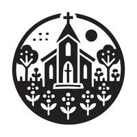 A simple, black silhouette of a church building, suitable for representing faith, religion, community, or historical themes. vector