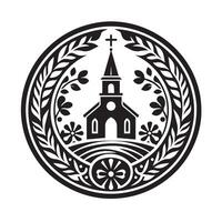 A stylized, black and white graphic of a small church nestled amongst pine trees in a serene, nature-inspired setting. vector