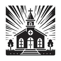 A stylized, black and white graphic of a church building encircled by a laurel wreath. vector