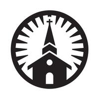 Simple black and white illustration of a church in a rural setting. vector