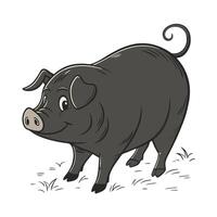 A cheerful, cartoon pig, depicted in grayscale, stands in a simple grassy meadow. vector