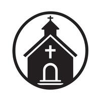 Simple black and white illustration of a church in a serene countryside setting. vector