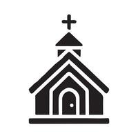 black and white graphic of a church building situated within a circular frame. vector