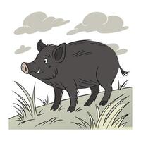 A cheerful cartoon pig, depicted in a simple, friendly style, is pictured standing on a light beige ground. vector