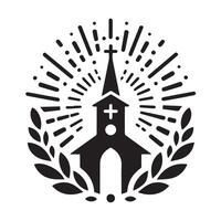un clásico, estilizado icono de un Iglesia edificio, representado en sólido negro silueta dentro un círculo. vector