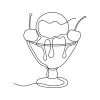 Single line drawing of a glass of sundae ice cream with cherries as topping. Hand drawing ice cream logo. Food and drink line art sketching. vector