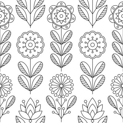 Seamless pattern with flowers in line art style on white background.
