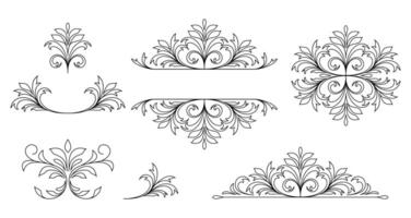 Set of floral dividers and floral vignettes in line art style on white background. vector