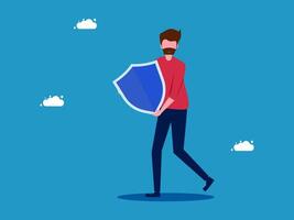 a man with a shield and a red beard is walking with a blue shield vector