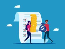 people with money and check list on blue background vector