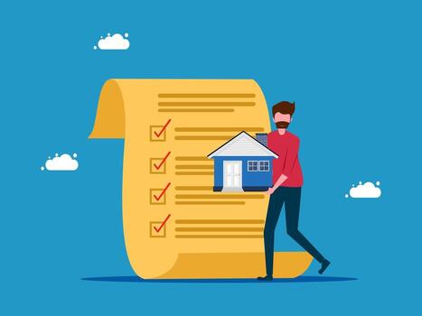 hombre con máscara y casa en Lista de Verificación vector