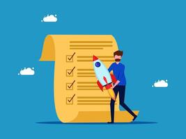 man is holding a rocket and a checklist on a blue background vector