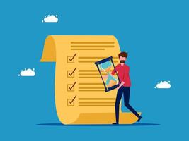 man with mask holding a smartphone and checking checklist on paper vector