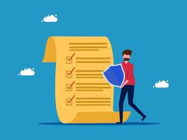 man with a shield and a checklist on a blue background vector