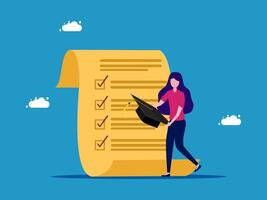 a woman is carrying a graduation cap and a checklist on a paper vector