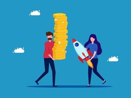 two people carrying a rocket and a stack of coins vector