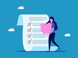 woman holding piggy bank and checklist with check list vector