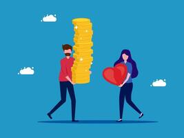 a man and woman are carrying a heart and a stack of coins vector