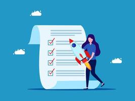 a woman is holding a rocket and a checklist on a blue background vector