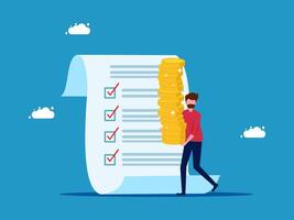 man carrying stack of money on checklist, flat design vector