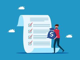 a man with money bag and check list on blue background vector