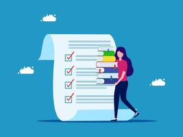 a woman is carrying a stack of books and a checklist on a blue background vector