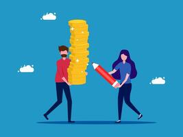 two people carrying a large stack of coins vector