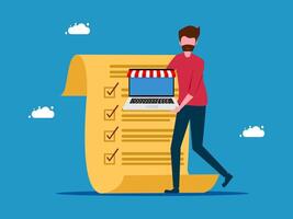 man with laptop and check list on paper vector