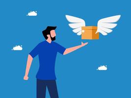 man with wings holding box with wings on blue background vector