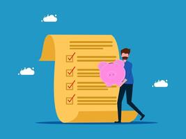 man with piggy bank and checklist on blue background vector