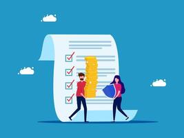 two people are standing next to a checklist with a check box on it vector
