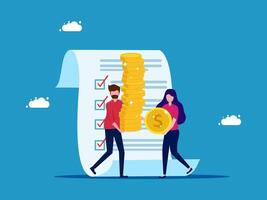 two people are holding a stack of coins on a checklist vector