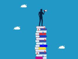standing on top of stack of books with megaphone vector