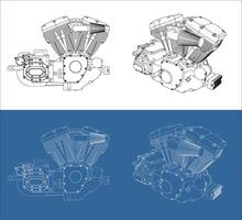 engine V-twin Motorcycle line drawing technical blueprints Illustration Side view. isolated on transparent background vector