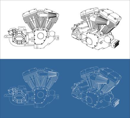 engine V-twin Motorcycle line drawing technical blueprints Illustration Side view. isolated on transparent background