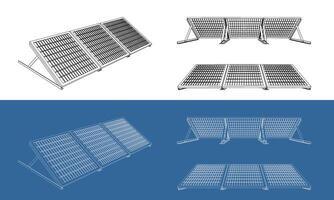 Isometric Technical Line Drawing of Solar Panel Array with Mounting Structure. Blueprint technical drawing isolated on transparent background vector