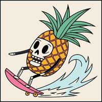 pineapple with a skeleton on a surfboard vector