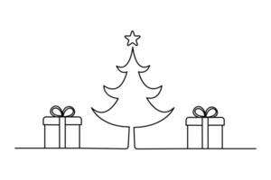 Continuous one line art drawing of Christmas tree icon vector