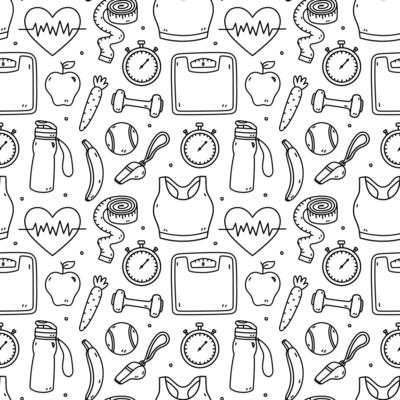 Seamless pattern with workout accessories - sports bra, dumbbells, whistle, stopwatch, measuring tape, fruits. hand-drawn doodle illustration. Perfect for print, wallpaper, decorations