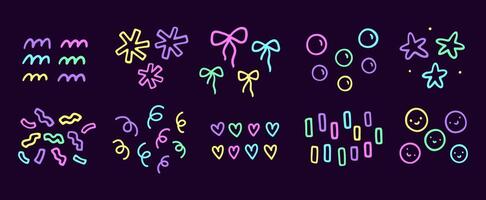 Cute neon decorative design elements. Abstract squiggles of different shapes - stars, hearts, confetti, bows, bubbles. hand-drawn doodle illustration isolated on a dark background. vector