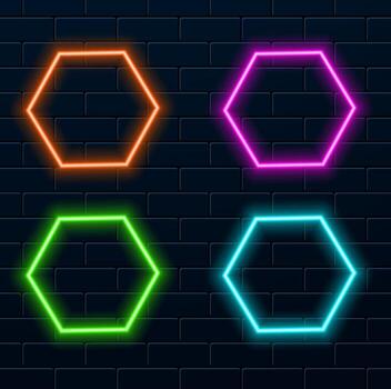 Gradient and pink red neon hexagonal frame vector
